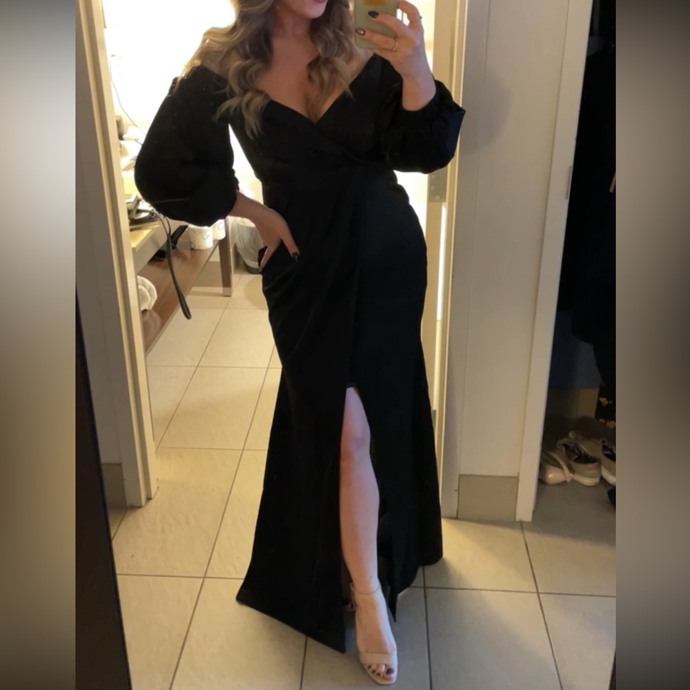 Black off-the-shoulder formal dress